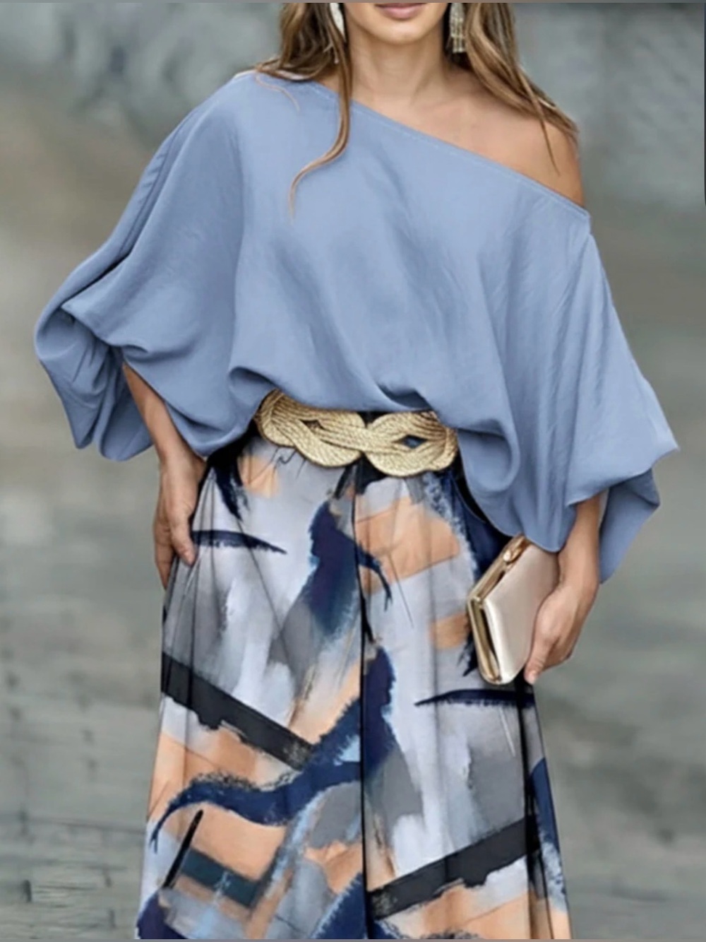 Casual Abstract Light Blue Off-Shoulder Blouse with Abstract Wide-Leg Pant